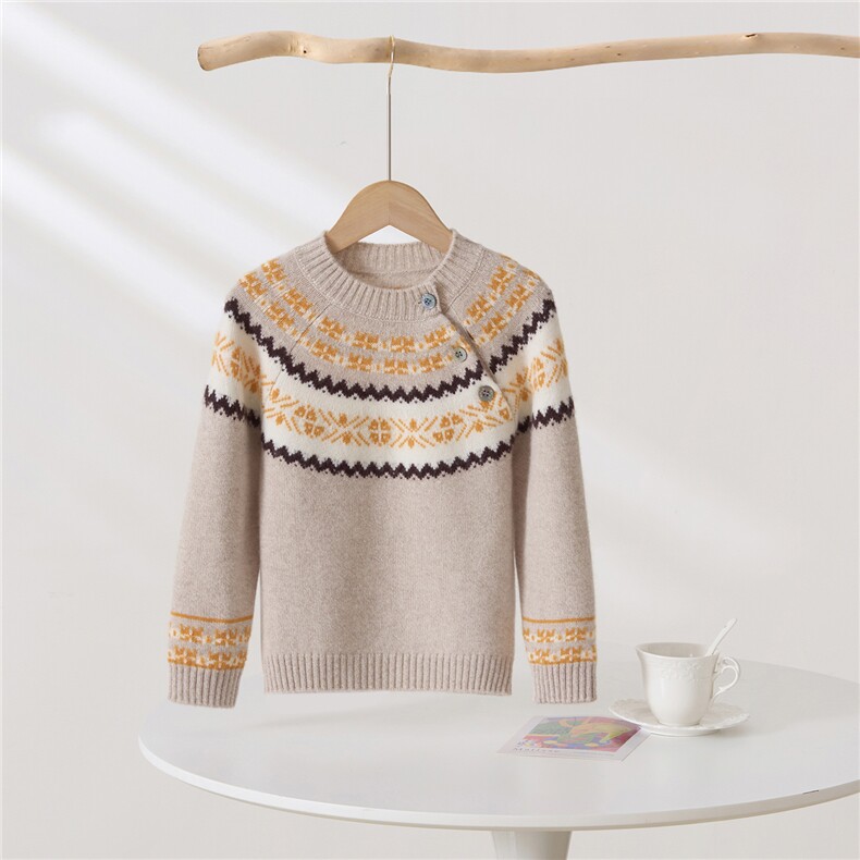 2025年新款百搭女士撞色条纹圆领长袖羊绒衫，童装儿童羊绒衫，轩曦羊绒