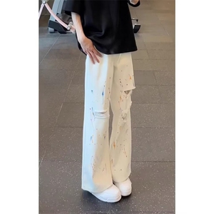 美式vibe泼墨破洞牛仔裤男高街潮牌涂鸦直筒裤休闲裤RK3052-P43图片