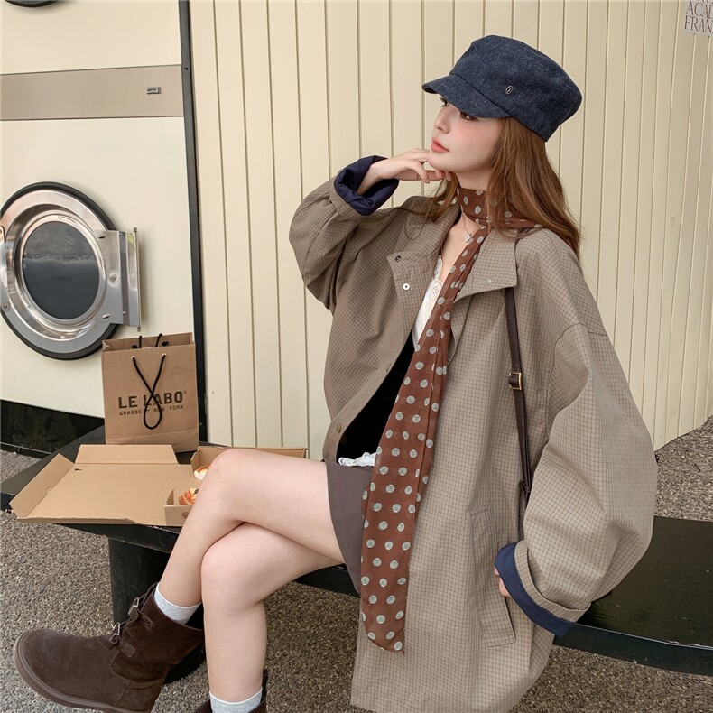 咖色复古格子风衣外套女2025秋季新款韩版小个子宽松显瘦休闲大衣,女装风衣,2C307