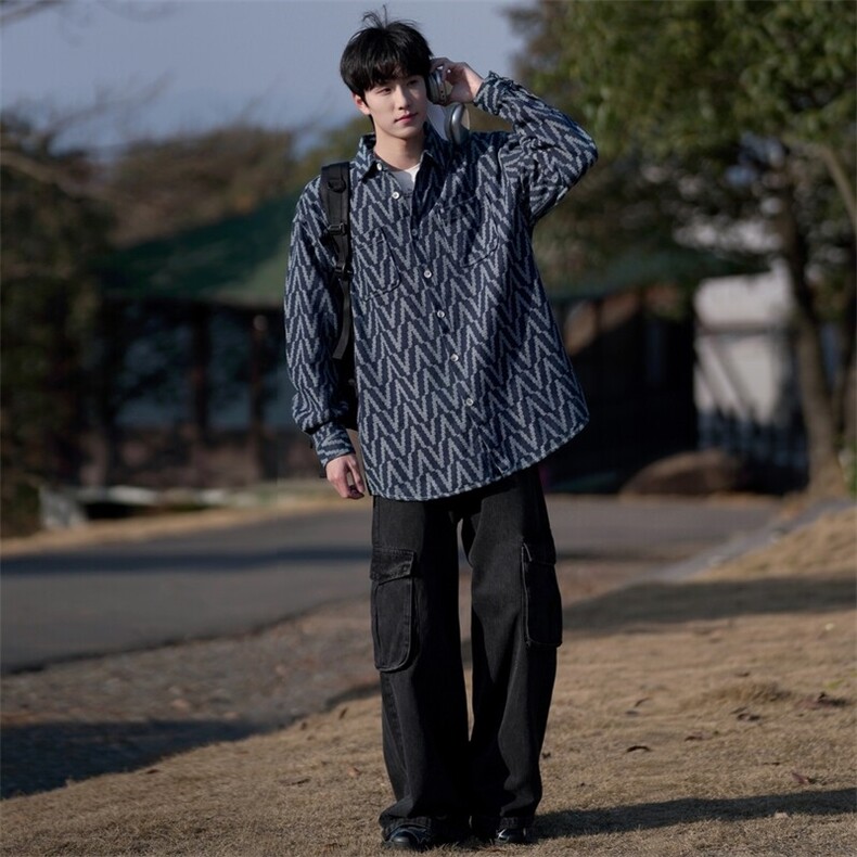 GENIOLAMODE撞色牛仔衬衫外套男秋季宽松休闲潮流痞帅夹克美式潮,男装衬衫,电商C323-1
