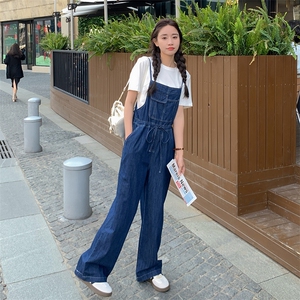 深蓝夏收腰牛仔背带裤女小个子高腰宽松直筒长裤新款时尚图片