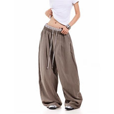 美式双腰头拼接设计休闲裤慵懒感宽松直筒阔腿百搭长裤X9040-P42，男装休闲裤，星座208-5