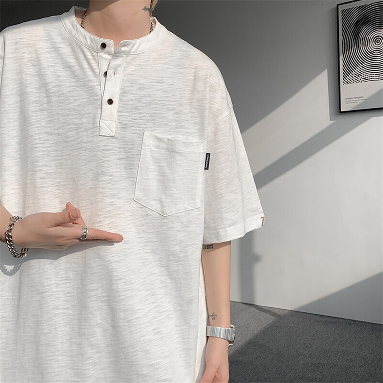 8XL-M亨利领亚麻短袖t恤男弹力大码宽松半袖开衩设计体恤DT002P45图片