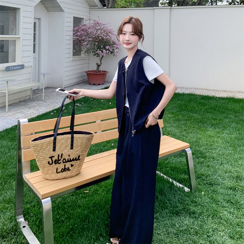 休闲马甲女夏季新款小香风减龄阔腿裤T恤三件套,女装套装/套裙,秀美人生