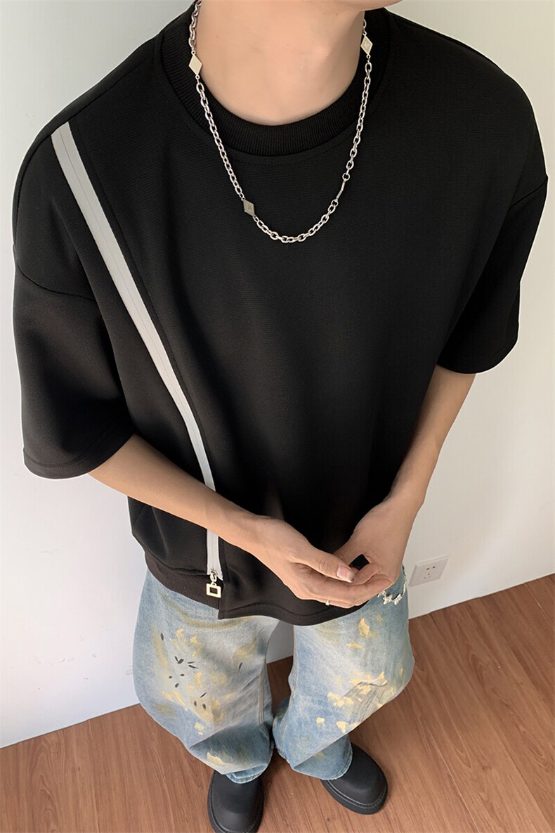 时装周夏季拉链撞色开叉圆领设计款男装短袖T恤夏装半袖S414-特33,男装T恤,电商A233-1