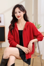 时尚女士秋冬红色针织开衫安迪绒连帽拉链设计显瘦百搭外套，女装针织衫/毛衣，秋虹羊绒