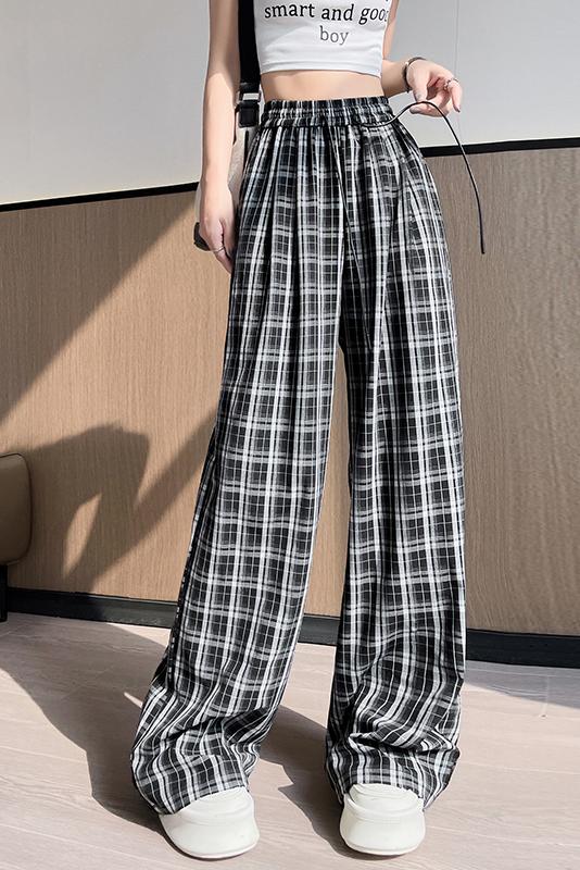 黑白棋盘格子阔腿裤女25夏季高腰宽松直筒休闲格纹拖地长裤子,女装休闲裤,梦白服饰厂