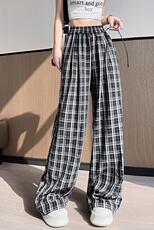 黑白棋盘格子阔腿裤女25夏季高腰宽松直筒休闲格纹拖地长裤子，女装休闲裤，梦白服饰厂