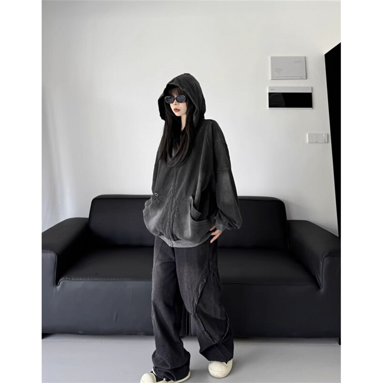 美式复古水洗做旧连帽拉链卫衣男女2025秋季新款宽松百搭外套上衣,女装短外套,星座410-7
