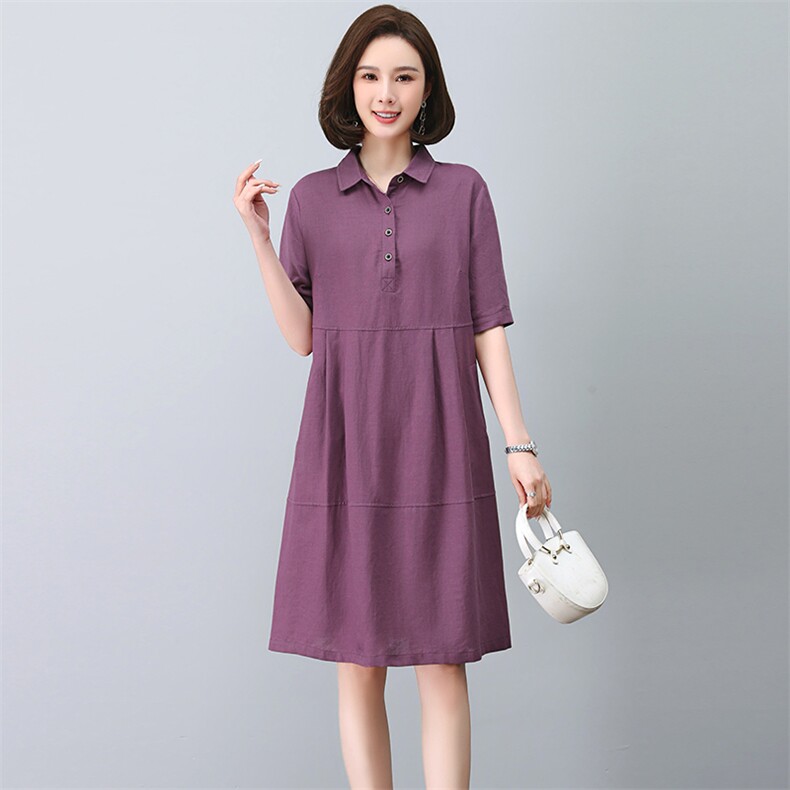棉麻连衣裙女夏季2025新款大码宽松显瘦法式气质妈妈亚麻衬衫裙子,女装连衣裙,忆绮罗