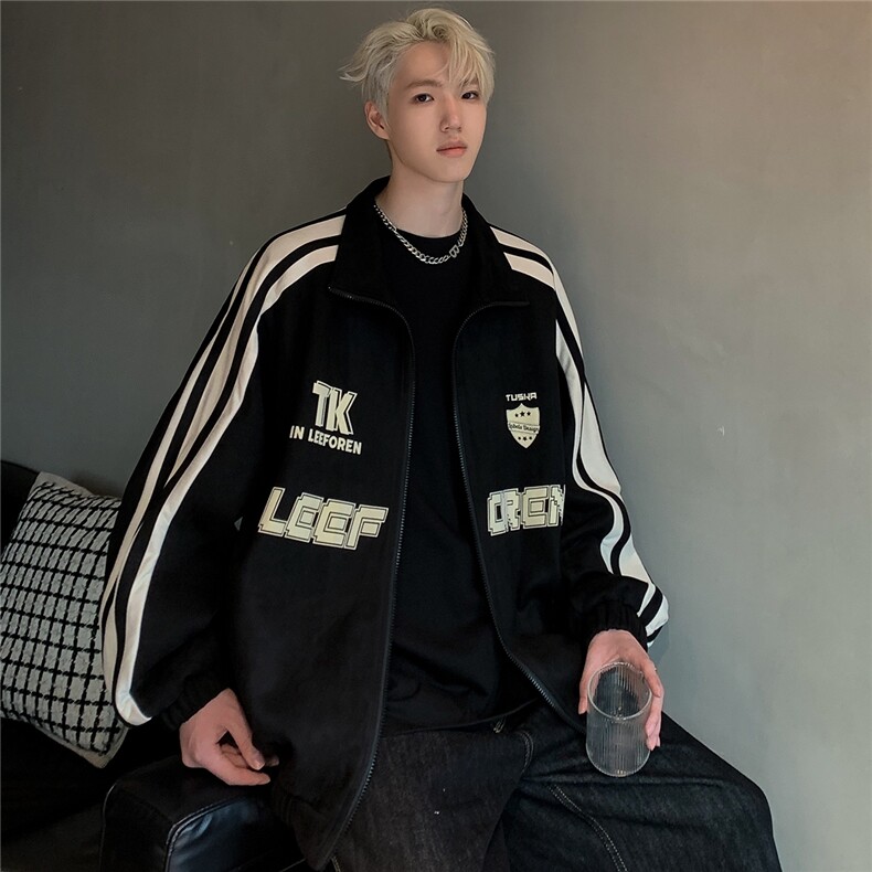 条纹运动夹克男春秋季重磅鹿皮绒外套美式复古宽松开衫JK108-P78,男装夹克,电商C307A