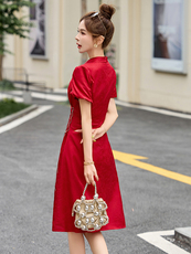 新中式国风连衣裙女2025夏季新款小个子修身显瘦改良红色旗袍裙子，女装连衣裙，依如秀(原杭风阁)