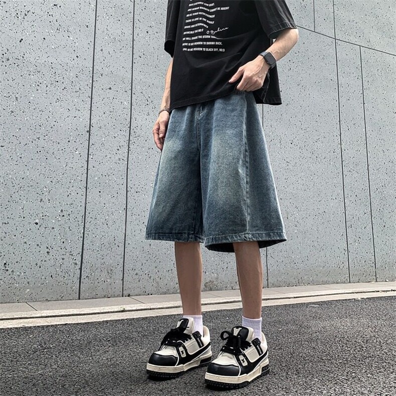 美式弯刀牛仔短裤男女夏潮牌百搭阔腿中裤高街五分裤子RK2847-P41,男装牛仔裤,星座412-2
