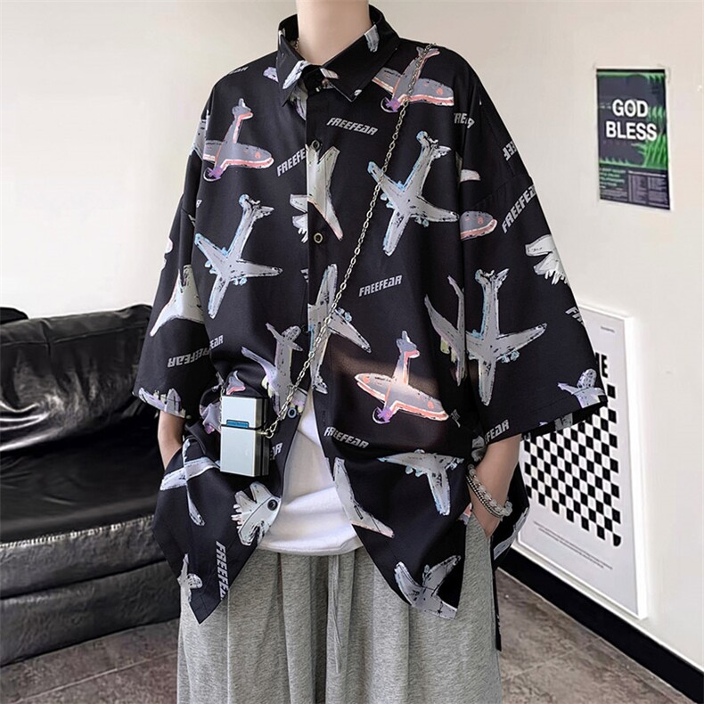 夏季潮流小飞机满印ins衬衫新款冰丝情侣装A071-C35-P38,男装衬衫,电商A071