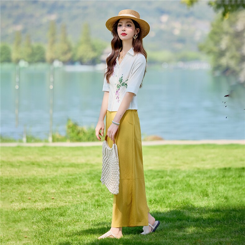 轻熟风时尚小翻领衬衫套装女2026夏气质绣花上衣阔腿裤两件套,女装套装/套裙,水衣源