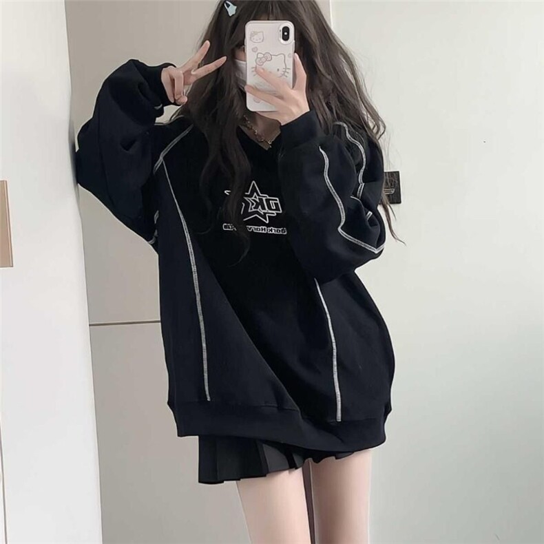 5264-P60原版做工拼接加厚宽松中性连帽卫衣加绒，女装卫衣/绒衫，星座617A-2