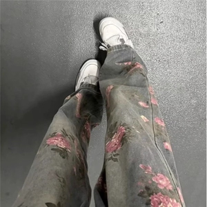 cleanfit满印玫瑰花牛仔裤男款秋冬新款痞帅高级感直筒宽松阔腿裤