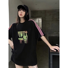 抖音得物品质二开240克宽松纯棉美式潮牌印花三条杠中性风短袖T恤，男装T恤，电商A486