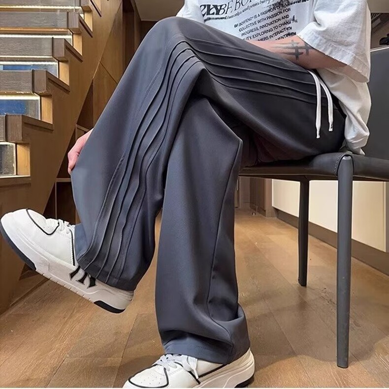 美式重磅侧边条纹卫裤男秋季潮牌宽松休闲裤纯色灰色垂感直筒裤子,男装休闲裤,星座218-8