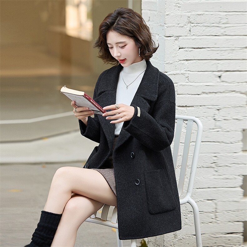 韩版西装领毛呢大衣女中长款双排扣高端气质外套秋冬,女装双面呢大衣,蝶眷