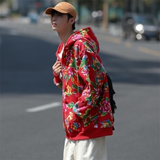 连帽加绒宽松港风东北大花复合绒开衫保暖大码卫衣外套夹克A203，男装卫衣，星座115A(原星座507）