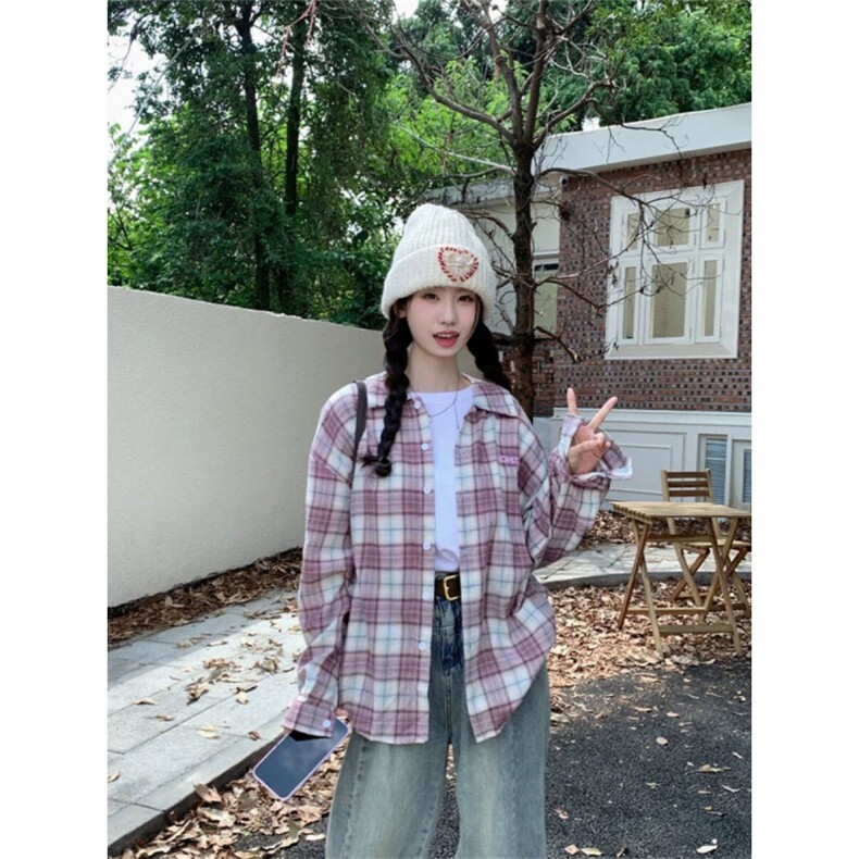 TC559-P45韩系小众设计感格纹长袖宽松衬衫女潮牌休闲衬衣,女装衬衫,星座617A-2