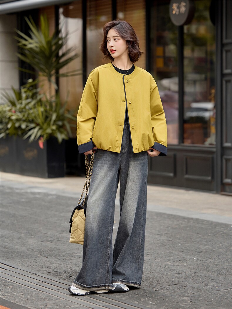 黄色宽松巨好看小个子棉服女撞色拼接2025冬季新款短外套气质,女装棉衣/棉服,梦懿尔