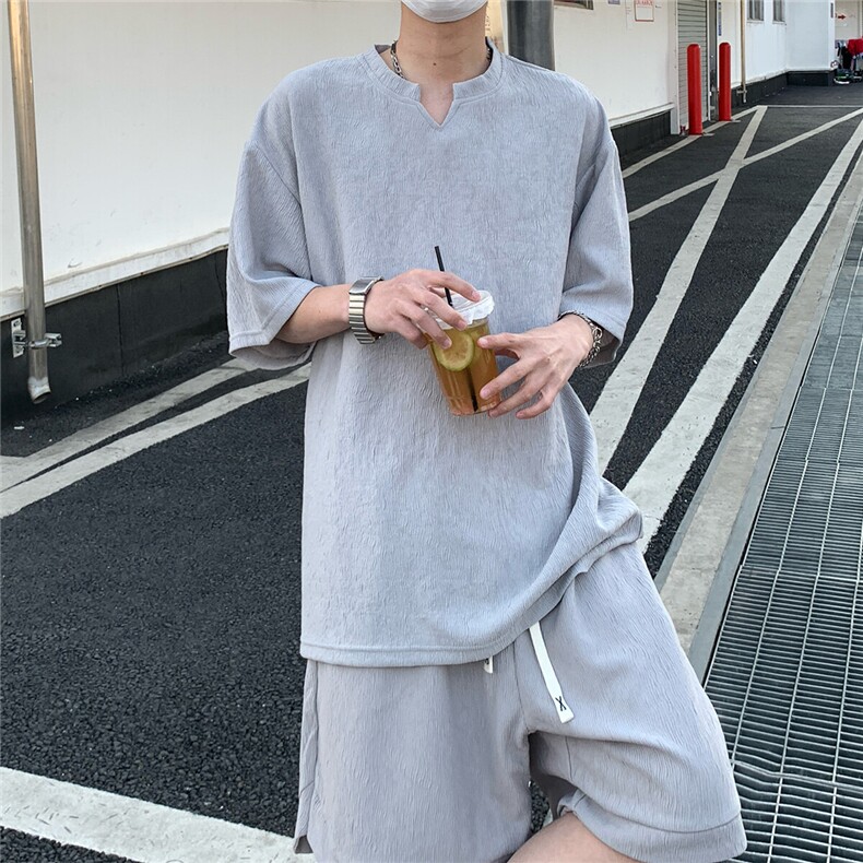 2026夏V领短袖冰丝T恤套装大码男纹理提花半袖TZ5677/特P45灰5,男装T恤,电商A094