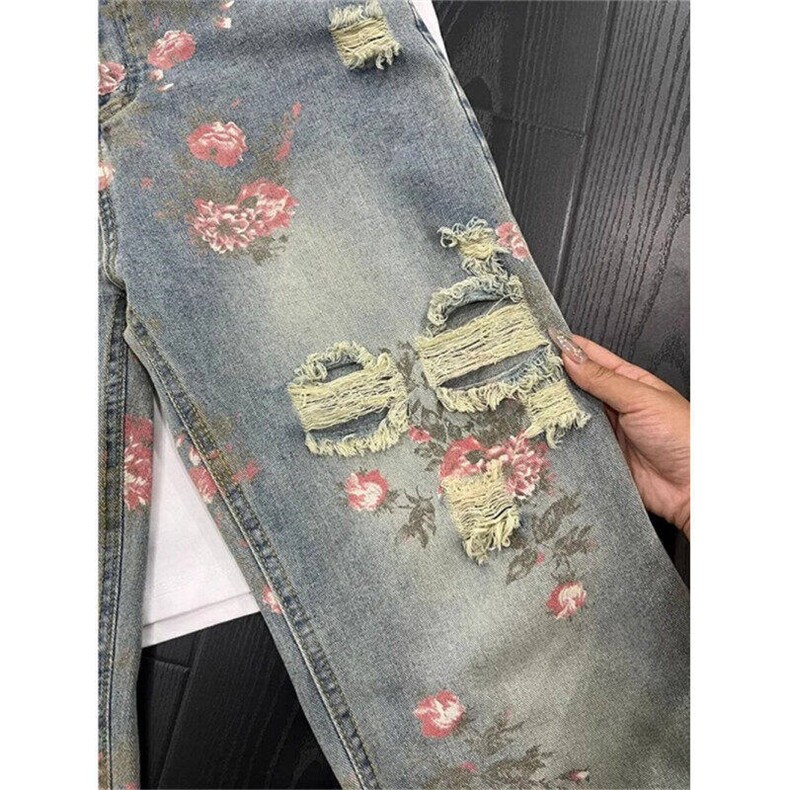 美式高街花卉印花破洞牛仔裤男夏季潮牌弯刀裤直筒裤LN12588-P48,男装牛仔裤,星座1008