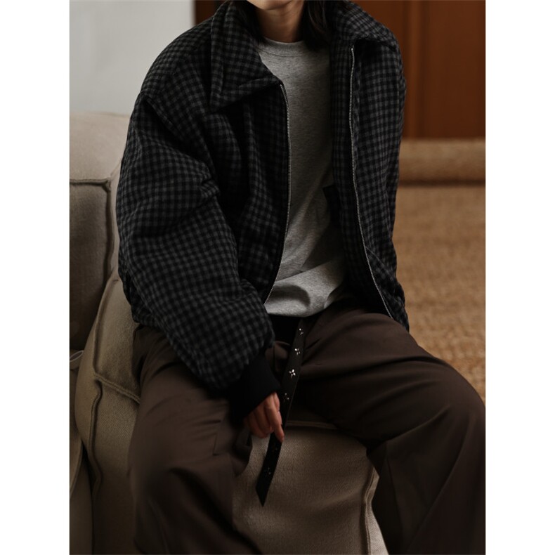 网图老钱风格子毛呢加厚棉衣外套男士潮流美式短款棉服特P85,男装棉衣,电商C306-1