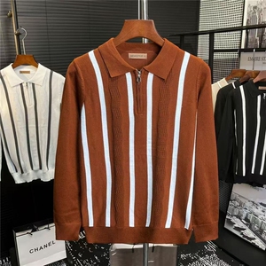 轻熟风撞色条纹翻领POLO衫男装夏季高品质冰丝针织短袖t恤男休闲图片