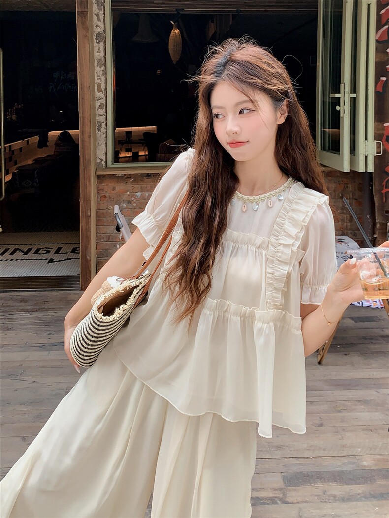 超仙时尚雪纺套装女2026夏新款半透减龄无袖木耳边阔腿裙裤两件套,女装套装/套裙,水衣源