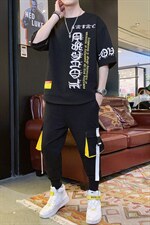 2023夏季短袖t恤男潮流帅气宽松半袖长裤套装男孩体恤F173P75，男装休闲套装，电商A086