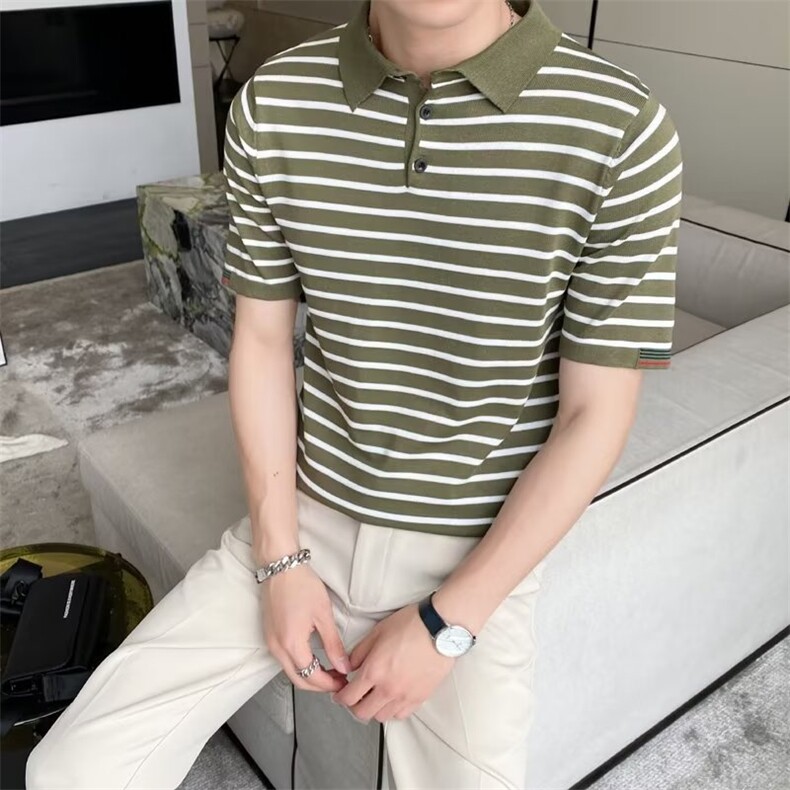 轻奢夏季针织条纹POLO衫男短袖翻领商务休闲修身半袖保罗衫潮,男装T恤,星座1116A-2（原606A-1）