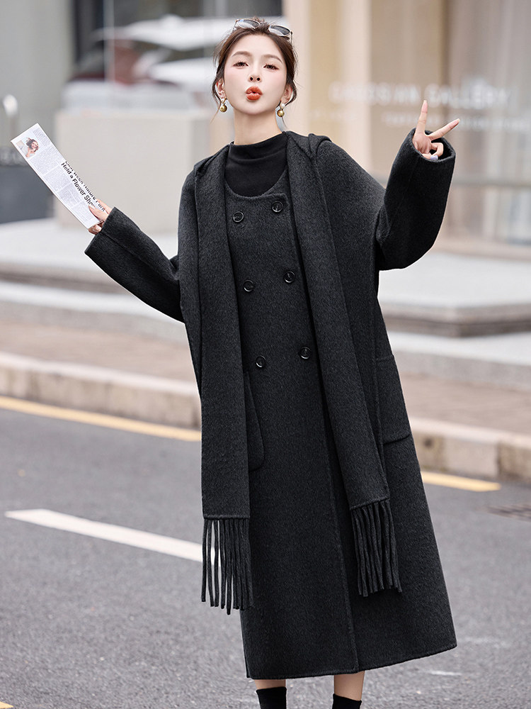 双面羊毛大衣女2025春秋气质围巾连帽小香风时尚毛呢外套两件套潮,女装双面呢大衣,琦鑫阁（原依鑫阁）
