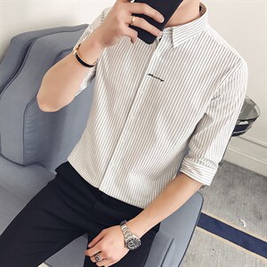 现货2021 夏季条纹短袖衬衫韩版休闲7七分袖男士CS10P4569图片