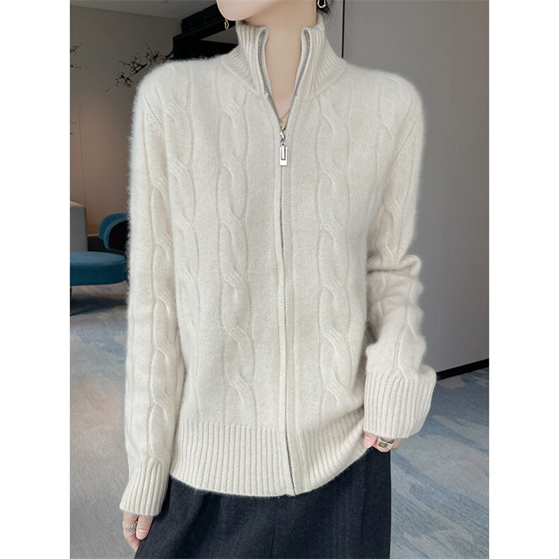 2025年秋季大麻花拉链开衫，女装羊毛衫，隆格羊绒