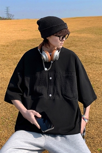 T23612-P40 M-6XL 夏季240克大码拼接插色宽松短袖T恤图片