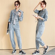 2021春季新款时尚潮流休闲舒适工装牛仔连体裤，女装连体裤，纯色衣恋