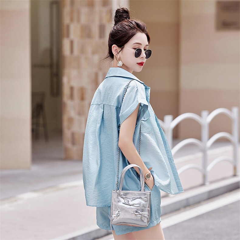 时尚休闲防晒三件套女2024夏新款短袖衬衫打底背心短裤穿搭一整套,女装套装/套裙,采品优优