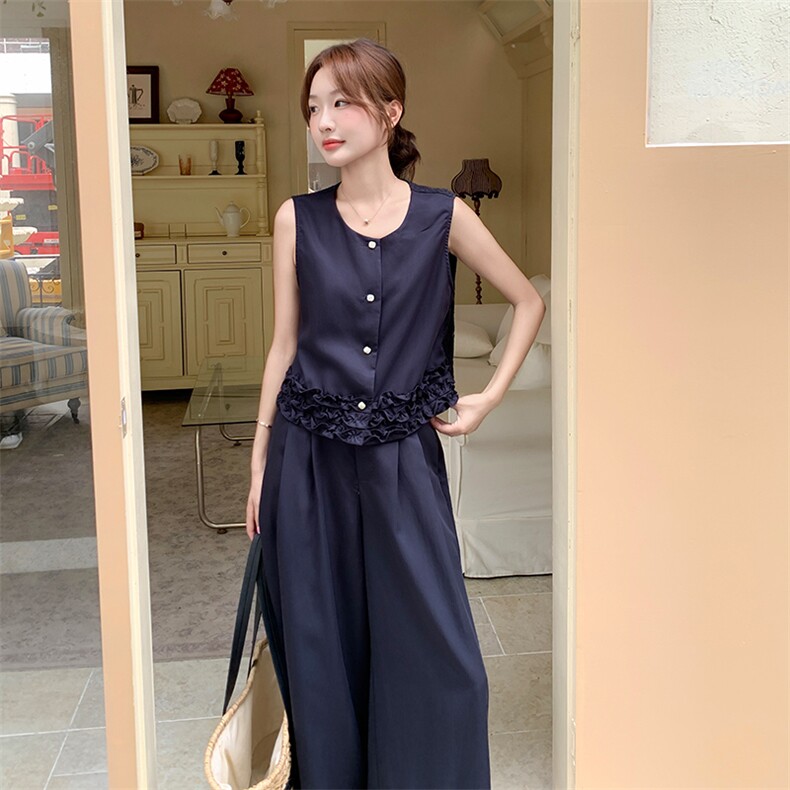 藏青色盐系木耳边套装女2025年夏季新款气质通勤马甲阔腿裤两件套图片
