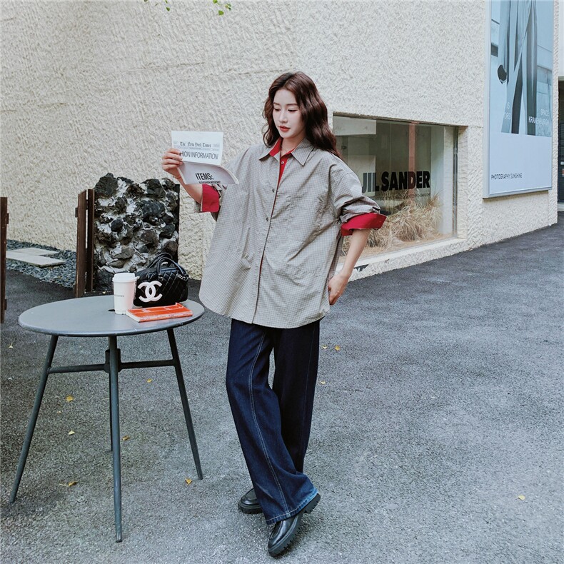 【新款】红袖灰格拼接衬衫2C137-8289-P135-K218,女装衬衫,2C137