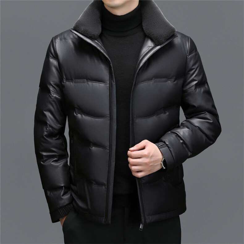 羽绒服男立领皮夹克爸爸冬装中年皮衣加厚保暖轻薄皮衣外套图片