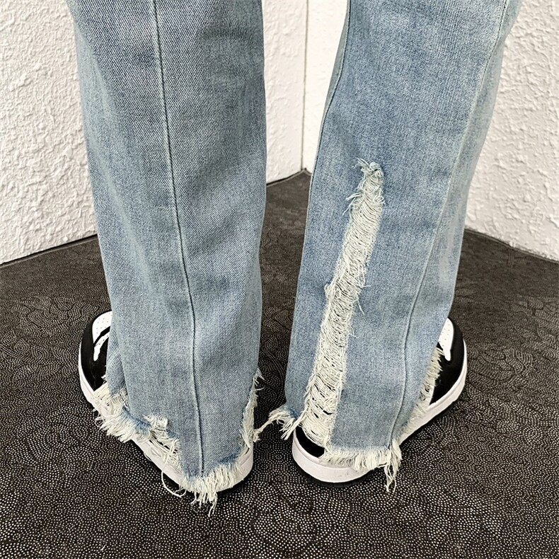 破洞牛仔裤男宽松直筒毛边设计高级感炸街裤子喇叭裤N0106-P40,男装牛仔裤,星座308B-1