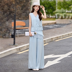 现货轻熟风气质套装女2026夏季麻料薄款西装马甲上衣阔腿裤两件套，女装套装/套裙，艾仟回(原伊仟回)