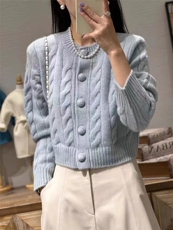 圆领纯色2024年秋季单排扣长袖时尚针织衫，女装羊毛衫，百纯羊绒