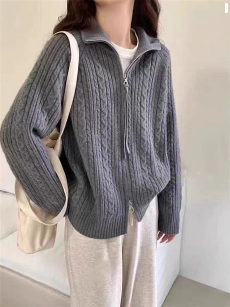 秋冬新款韩版宽松针织衫立领双拉链麻花纯色毛衣外穿休闲开衫,针织衫/毛衣,思途羊绒