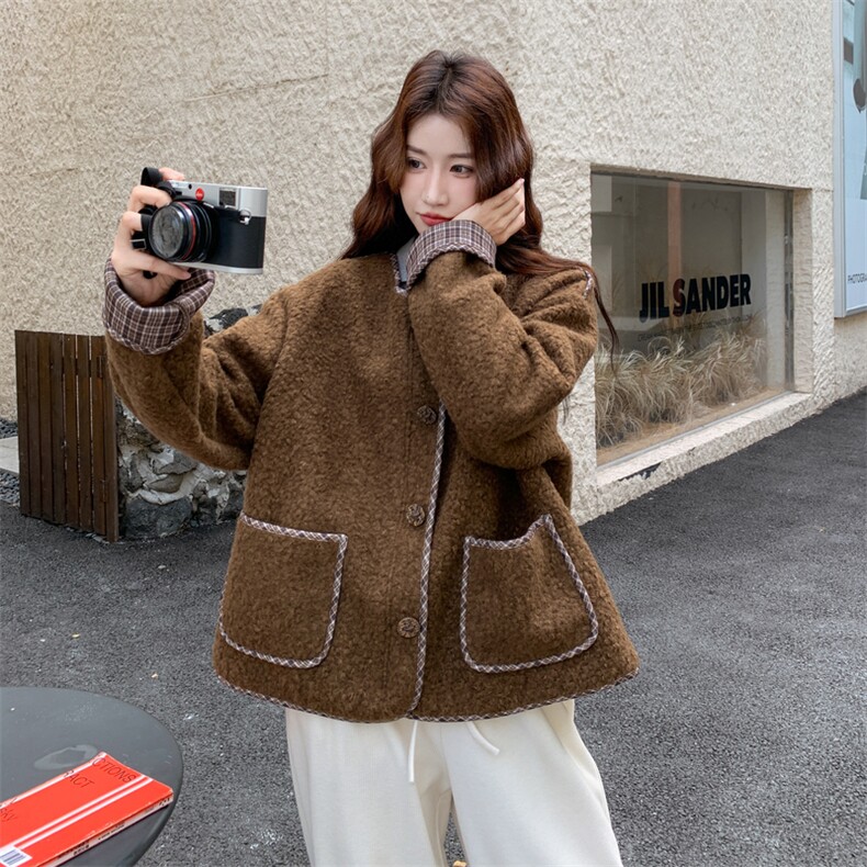 咖色美拉德格子拼接羊羔毛外套女冬季2025新款减龄奶fufu皮毛一体图片
