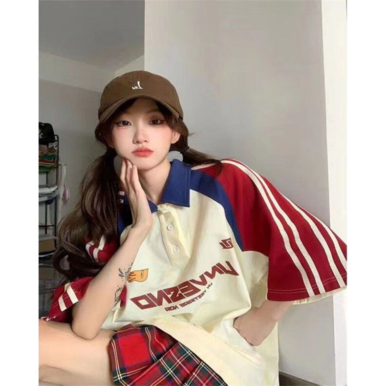 H0648-P40学院风美式Polo衫撞色短袖t恤潮牌7七分袖,女装衬衫,星座617A-2