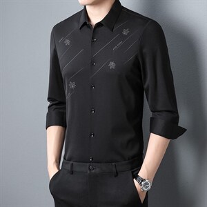春秋季商务休闲长袖衬衫男2023新款中年无痕宽松衬衣潮流印花上衣图片